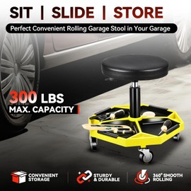 Auto Dynasty Mechanic Stool, Adjustable Rolling Pneumatic Creeper Garage Shop Seat with Tool Tray, 300 LBS Roller Seat for Workshop Auto Repair, Adjustable Height 15.7" to 21", Yellow
