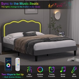 VECELO Upholstered Queen Size Bed Frame with Headboard Adjustable, LED Lights, USB-A & Type-C, Velvet Platform Bed Noise Free, Mattress Foundation with Wooden Slats, No Box Spring Needed, Dark Grey