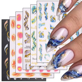 Marble Wave Nail Art Stickers, French Line Nail Art Transfer Decals Designs, 3D Geometry Gold Line Heart Nail Self-Adhesive Sticker Supplies for Women Girls Manicure Decorations, DIY Resin Nail Decal