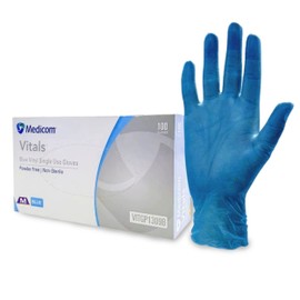 Medicom Vitals Vinyl Disposable Gloves - 100 Count - Medium - Blue, 100% Latex Free Work, Multipurpose Powder Free - 100 Gloves