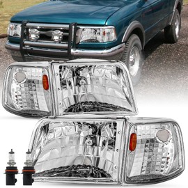 SOCKIR Headlight Assembly Replacement for 1993-1997 Ford Ranger Headlights + 4 PCS Corner Lights Headlamp w/Bulbs Passenger and Driver Side (Chrome Housing with Amber Reflector)