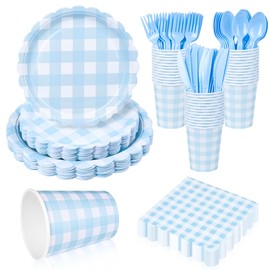 175Pcs Gingham Party Supplies for 25 Guests Scalloped Plates and Napkins set Pink and White Paper Plates Disposable Plaid Cocktail Napkin Checkered Dinner Party Set Cutlery for Baby Shower Wedding