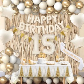 15th Birthday Decorations for Girls, Happy 15th Birthday Decorations for Her White and Gold Balloons White Sand Foil Balloons Happy Birthday Banner Fringe Curtain Sash Boho Birthday Party Supplies