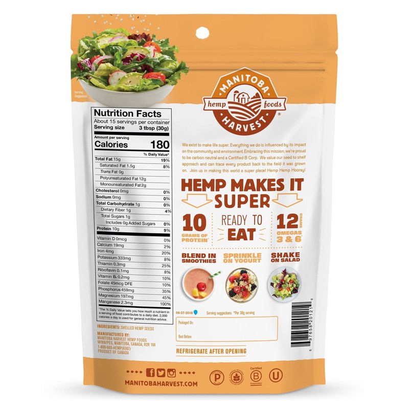 Manitoba Harvest Hemp Hearts Shelled Seeds, 12g Omega 3 &