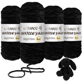 VORHOT 4 x 100 g Chenille Wool for Crocheting, Chenille Velvet Baby Wool, Soft Chenille Yarn, Velvet Velvet Wool Chenille for Knitting and Crocheting, 210 m, Black