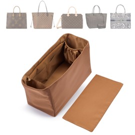 Volcuna Purse Organizer Nylon Water-Repellent Insert With Zipper Bag and Base Shaper for Neverfull Speedy Tote (Brown, Large)