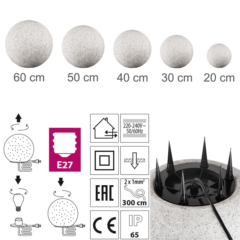 trendlights24 Stone IP65 Globe Light for Garden, 20 cm Globe
