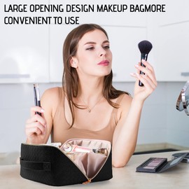 Nhmpretty Large Capacity Travel Cosmetic Bag - Makeup Bag, PU Leather Waterproof Cosmetic Bags, Women Portable Travel Makeup Bag With Handle and Divider Flat Lay Make up Bag, Black, Fashion