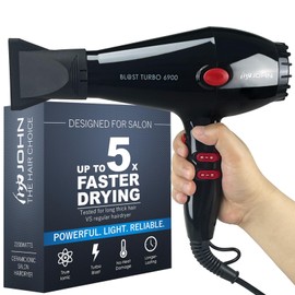 JOHN Super Fast Drying Hair Dryer, Ionic 2200W Professional Salon Blow Dryer, 2 Concentrator Nozzles, Blast Turbo 6900, Black