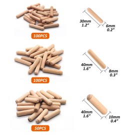 Wooden Dowel Pins Assorted Kit - M6/M8/M10 Fluted Wood Dowel Pins, Made of Hardwood - 250 PCS 3 Size -1/4,5/16,3/8 Inch Dowel pins