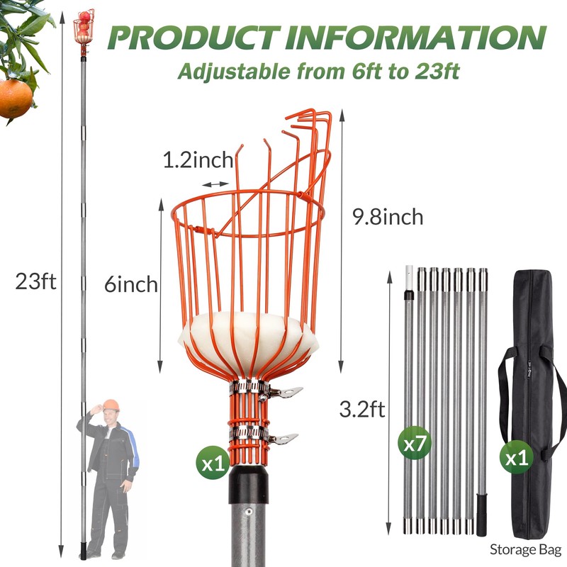 Walensee 23FT Fruit Picker, Adjustable Fruits Picker Tool with Fiberglass