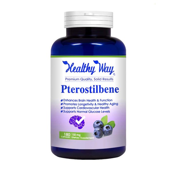 Healthy Way Pterostilbene - Brain Support, Heart Health, Blood Pressure and Blood Sugar Levels Support, 150 mg, 180 Capsules