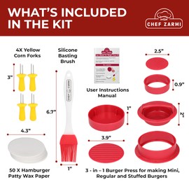 3 In 1 Burger Press Patty Maker Kit with 2 sets of yellow corn fork, Silicon Brush and 50 Pcs Wax Hamburger Press Patty Paper