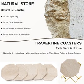 YONGHEE Octagonal Travertine Coasters Set of 6 with Gold Holder, Farmhouse Rustic Neutral Style Coaster for Home Table Decor, Porous Natural Travertine Absorbent Drink Coasters, Velvet Backed