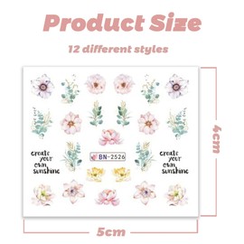 Kireida® 12 Sheets Flower Nail Art Stickers, Tulip Blossom Stickers, Orchid, Text Designs for Nail Decorations for Women, Nail Design Accessories and Decoration (Colour)
