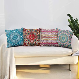 Aoihrraan 60 x 60 cm, Set of 4 Decorative Boho Style Cushion Covers, Blue, Pink, Bohemian, Mandalas, Flower Pattern, Soft Plush Square Cushion Cover, Living Room, Outdoor, Balcony, Patio, Chair,