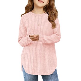 Haloumoning Girls Long Sleeve Shirts Kids Ribbed Knit Curved Hem Tunic Tops Fashion Tees 5-14 Years Light Pink
