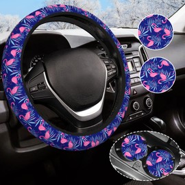Flamingo Car Steering Wheel Cover Anti-Slip and Practical 14.5-15 Inch Universal Purple car Accessories with 2 Pieces Car Coasters Suitable for Men Women