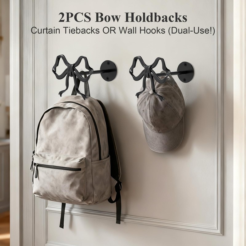Tocemei 2 Pack Black Bow Curtain Holdbacks, Modern Matte Metal