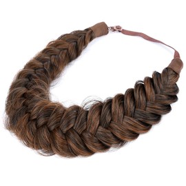 BOBIYA Messy Wide 2 Strands Synthetic Hair Braided Headband Classic Chunky Plaited Hairband Elastic Stretch Plait Headband for Women Girl (White Gray Brown)