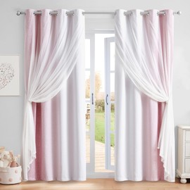 Geomoroccan 100% Blackout Curtains with Sheer Overlay Mix and Match Double Layer Drapes 84 Inch Long 2 Panels for Girls Bedroom Living Room Pink White Ombre Grommet Window Treatment with Tiebacks