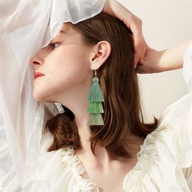 DIYANMMY 3 Tier Layered Colorful Tassel Earrings Bohemian Big Dangle Drop Fashion Jewelry Earrings for Women Valentine Birthday Party Gift. (green Tassel)