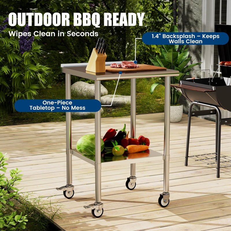 Chingoo Stainless Steel Work Table with Wheels, 24x24 Inch NSF