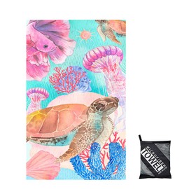 160x90cm Beach Towels in a Bag Large Microfibre Thin Beach Towel for Adults,Quick Dry Sand Free Light Bath Towel Pool Towel for Men Women,Bathroom,Holiday,Yoga,Gym Sports,Swimming(Pink Turtle)