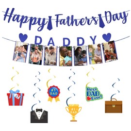 DWEARTY Fathers Day Banner Can Be Accompanied by Photos and 6 Hanging Swirl Decorations - Happy Fathers Day Decorations for Home and Party