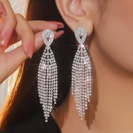 Teardrop Crystal Chandelier Earrings Long Tassels Dangle Drop Earrings Sparkling Rhinestone Statement Earrings Bridal Wedding Jewelry for Women (Silver)