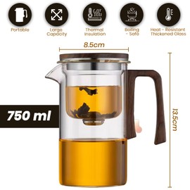 BLUENIYA 750ml Glass Teapot with Magnetic Infuser - Borosilicate Heat-Resistant Tea Pot with Wooden Handle & Lid for Loose Leaf Tea, Hot & Cold Drinks, Home & Office