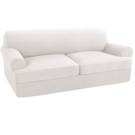 Turquoize 3 Piece T Cushion Sofa Slipcovers Stretch Couch Cover Furniture Covers with 2 Individual T Cushion Covers, Machine Washable (2 Cushion Sofa, Ivory)
