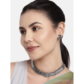 I Jewels 18K Silver Oxidised Traditional Style Coin Necklace With Earrings For Women & Girls