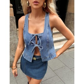 POTILI Womens Denim Vest Sleeveless Square Neck Jean Vest for Women Tie Up Front Denim Top