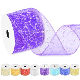 Swpeet 2-1/2 Inch × 10 Yard Purple Swirl Glitter Wired Band, Organza Sheer Ribbon with Gold Metallic Edge, Glitter Swirls Wired Band, Christmas Wired Ribbon for Tree Decoration Gifts Crafts