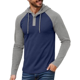 KUYIGO Mens Long Sleeve Hoodies Casual Athletic Workout Color Block Pullover Hooded Sweatshirt with Drawstring,Navy/LightGray,L