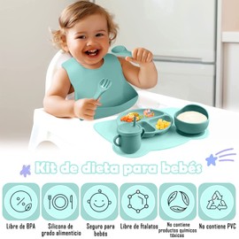 Platos para Bebe Silicon, 10 Pcs Vajilla para Bebe de Silicona de Grado Alimenticio, Sin BPA, Incluyen Platos,Baberos,Tenedores,Cuchara,Tazas para sorber,Cuencos,Vasos de Agua,Apto para Microondas