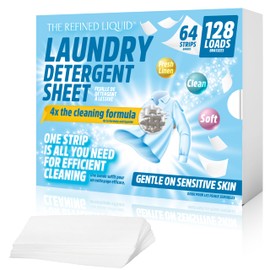 THE REFINED LIQUID LAUNDRY DETERGENT SHEETS -FRESH LINEN- 64 STRIPS-128 LOADS - TOUGH ON STAINS - THICKER STRIPS 4X CONCENTRATED - ENZYME POWERED & PLANT BASED ECO-FRIENDLY FORMULA