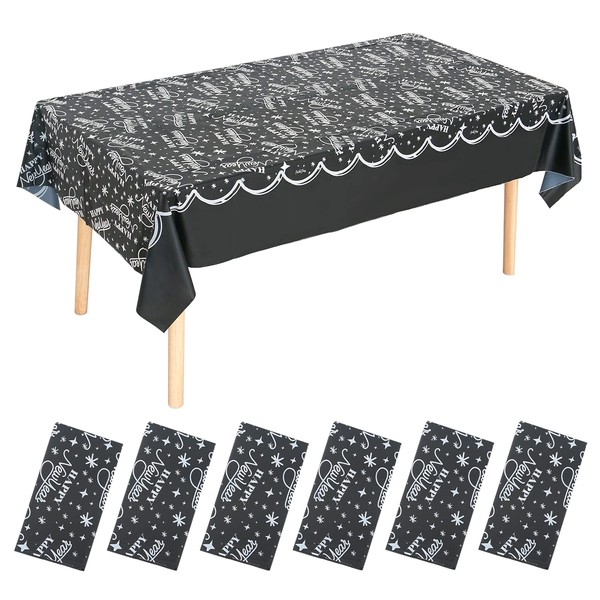 4 Pieces Happy New Year Table Covers Disposable Rectangle Plastic Tablecloth for 2023 New Year Party Theme Supplies 54 x 108 Inch (Black)