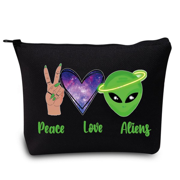 LEVLO Divertida bolsa de cosméticos alienígena, regalo para amantes de los alienígenas, paz, amor, alienígena, maquillaje, bolsa con cierre, regalo de OVNI ET fans, Peace Alien Negro, Bolsa de maquillaje