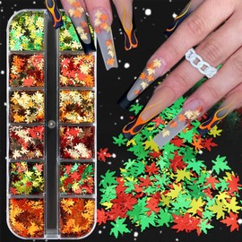 12 Grids 3D Fall Nail Art Sequins Thanksgiving Holographic Laser Maple Leaf Nail Glitter Sequins Red Gold Yellow Orange Fall Nail Glitter Flakes Autumn Leaves Glitters Nail Art Decor for Women DIY
