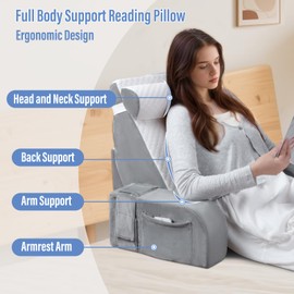 LEBENGURU Reading Pillow for Sitting in Bed Adult, Back Support Pillow with Detachable Headrest & Armrests for Watching TV in Floor, Bed Chair Backrest Pillow for Working/Relaxing/Gaming