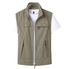 Gratoryna Mens Summer Utility Safari Vest Multi Pockets Fishing Vests Casual Sleeveless Jacket for Hiking Golf Lightweight(Khaki-XL)