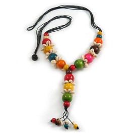 Avalaya Y-Shape Multicoloured Round Wood Bead with Sea Shell Element Tassel Black Cord Necklace/70cm L/ 15cm Tassel