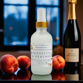 Prosecco and Peaches Room and Linen Spray Made In USA Clean Ingredients Essential Oils Long Lasting Scent AIr Freshener Glass Bottle Floral