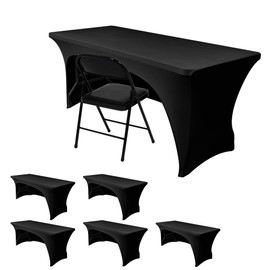 Nasitos 6 Pack 8 ft Black Table Cloth Rectangle Table-Open Back Spandex Stretch Tablecloths Fitted Washable Fabric Wrinkle-Free, Trade Show Table Cloths for Parties, Birthday, Craft Show, Banquet
