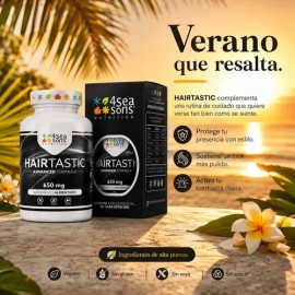 4 Seasons Nutrition | HAIRTASTIC | Colágeno, Biotina, Ácido Hialurónico, Zinc, Selenio | 650 mg | 8 Aminoácidos, Vitaminas C, A, D3 | Vegano, Sin Gluten, Sin Azúcar, Sin Soya | 120 Cápsulas