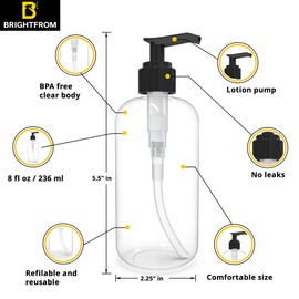 BRIGHTFROM Empty Lotion Pump Bottles 8 Oz, Refillable Plastic Containers, BPA-Free PETE1, Clear, Great for - Soap, Shampoo, Lotions, Liquid Body Soap, Creams and Massage Oil's (Pack of 2, White/Black)