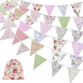 ZCOINS 40ft/12m Fabric Bunting Banners, 42PCS Floral Vintage Triangle Flags Reusable Cotton Cloth Pennants for Garden Wedding Birthday Party Outdoor Hanging Decoration