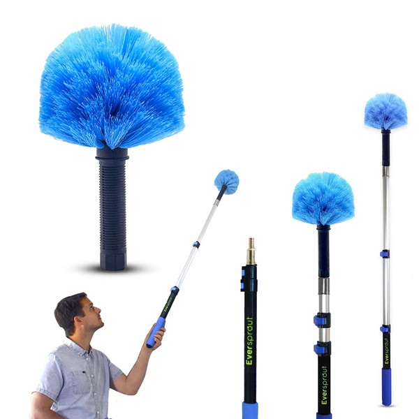 EVERSPROUT 1.5-to-3 Foot Cobweb Duster and Extension-Pole Combo (8-10 Ft Standing Reach, Medium-Stiff Bristles) | Lightweight 3-Stage Aluminum Pole | Hand-Packaged Indoor/Outdoor Use Brush Attachment